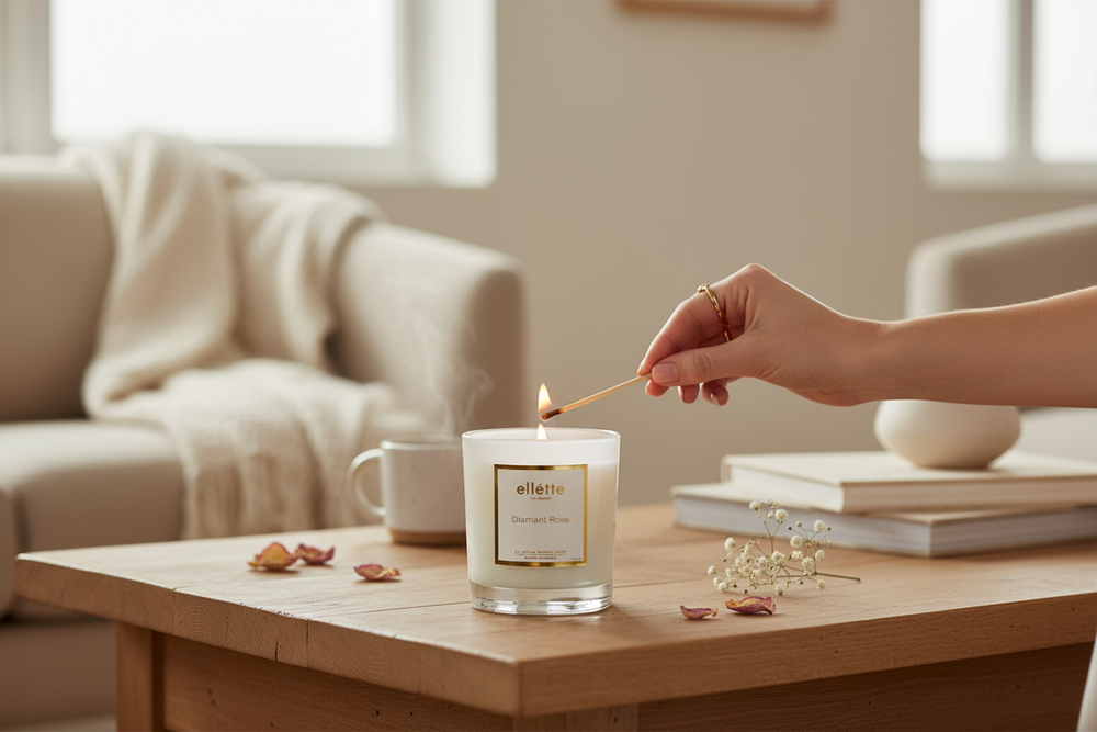 Person lighting  Ellette candle on a wooden table with a cozy living room background
